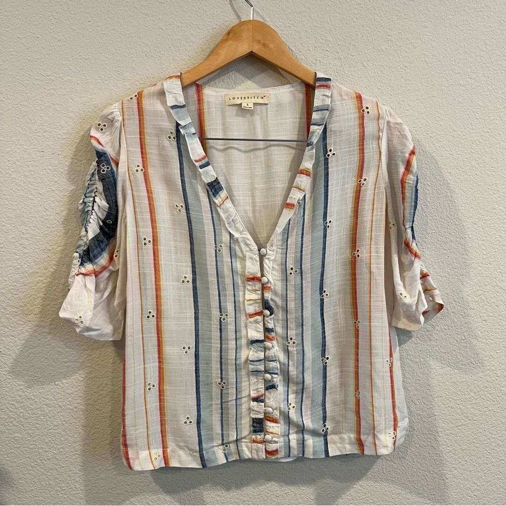 Lovestitch rayon cotton blend beige stripe vneck ruffle blouse size small